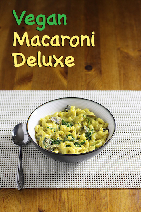 An illustrated recipe for Vegan Macaroni and Cheese with Spinach and Mushrooms