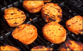 finished sweet potato slices on the grill